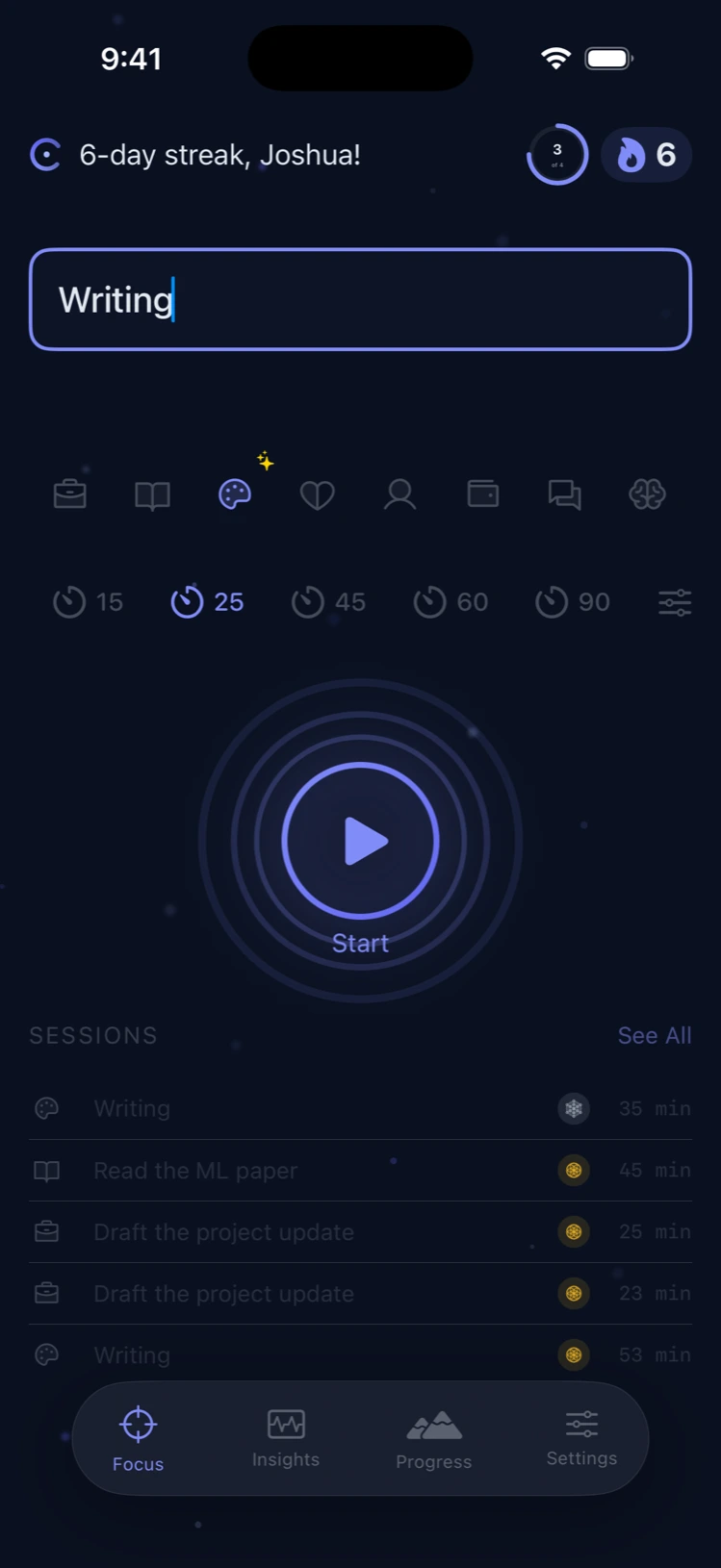 Drift Focus home screen with the intention 'Writing' typed, the creative category detected, and the Start button glowing